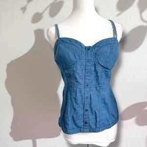 Y2K Blue Notes Denim Bustier Corset Top | Button Front Tank M Cowgirl Prairie